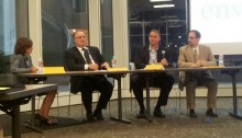 Enventure hosted a panel on Licensing Your Technology at the Rice University Biomedical Research Center. From left to right: Carol Nielson, Kevin Slawin, Ernie Davis, and Brian Phillips.