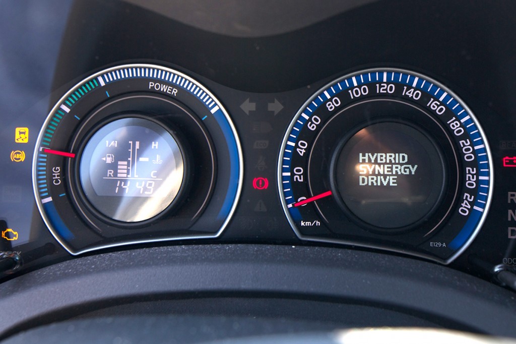 A closeup view of the efficiency gauge on a Toyota Hybrid.